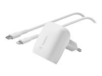 Belkin BoostCharge - Strömadapter - 20 Watt - Fast Charge, Strömmatning 3.1 (USB-C) - på kabel: Lightning - vit WCA006VF1MWH-B5