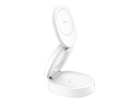 Belkin BoostCharge - Trådlöst laddställ - 2-i-1, Qi2, magnetisk, vikbar + växelströmsadapter - 15 Watt - vit WIZ035KQWH